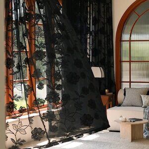 Black Sheer Lace Curtains – 2 Panels, 54"x84", Vintage Rose Floral Embroidered,